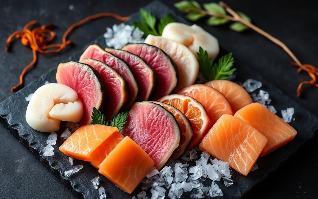 Premium Japanese seafood for India: tuna, salmon, scallops and hamachi on crushed ice